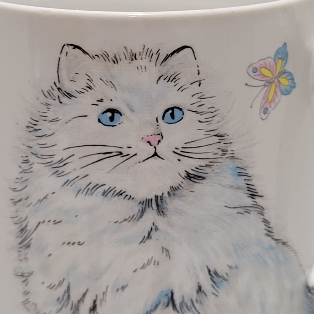 Vintage White Persian Kitty Cat Blue Eyes Tail Handle Japan